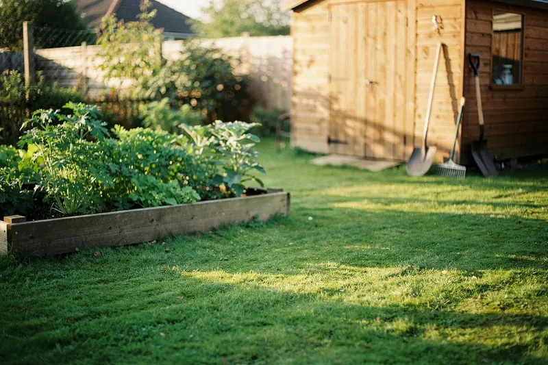 Gepflegter Garten mit Hochbeet, Rasen und Gartenhaus im Abendlicht