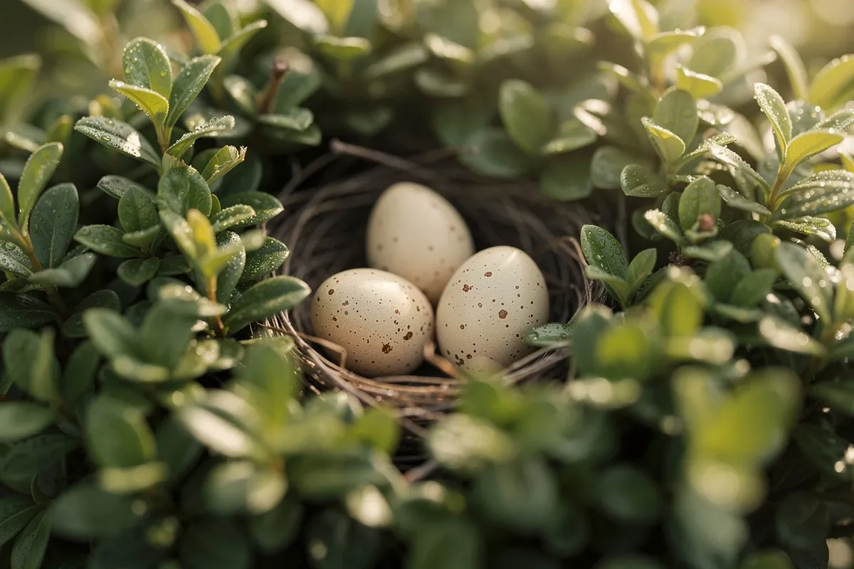Vogelnest mit drei gesprenkelten Eiern versteckt in einer dichten Gartenhecke