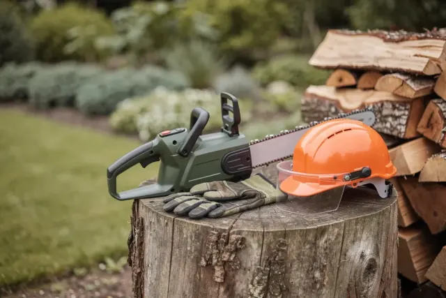 Akku-Kettensäge mit Schutzhelm und Handschuhen auf einem Baumstumpf vor gestapeltem Brennholz