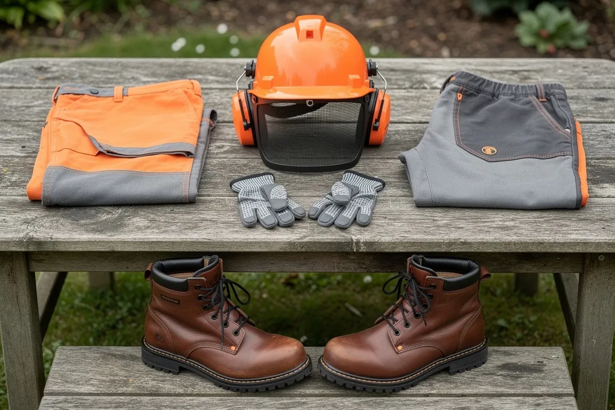 Schutzausrüstung für die Kettensäge: Helm mit Visier und Gehörschutz, Schnittschutzhose, Handschuhe und Sicherheitsschuhe