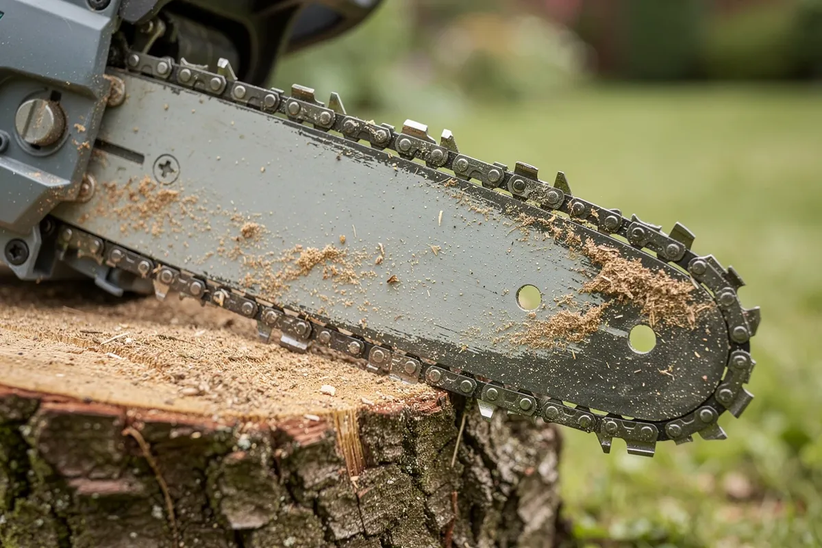 Schwert und Sägekette einer Akku-Kettensäge liegen auf einem frisch gesägten Holzstamm