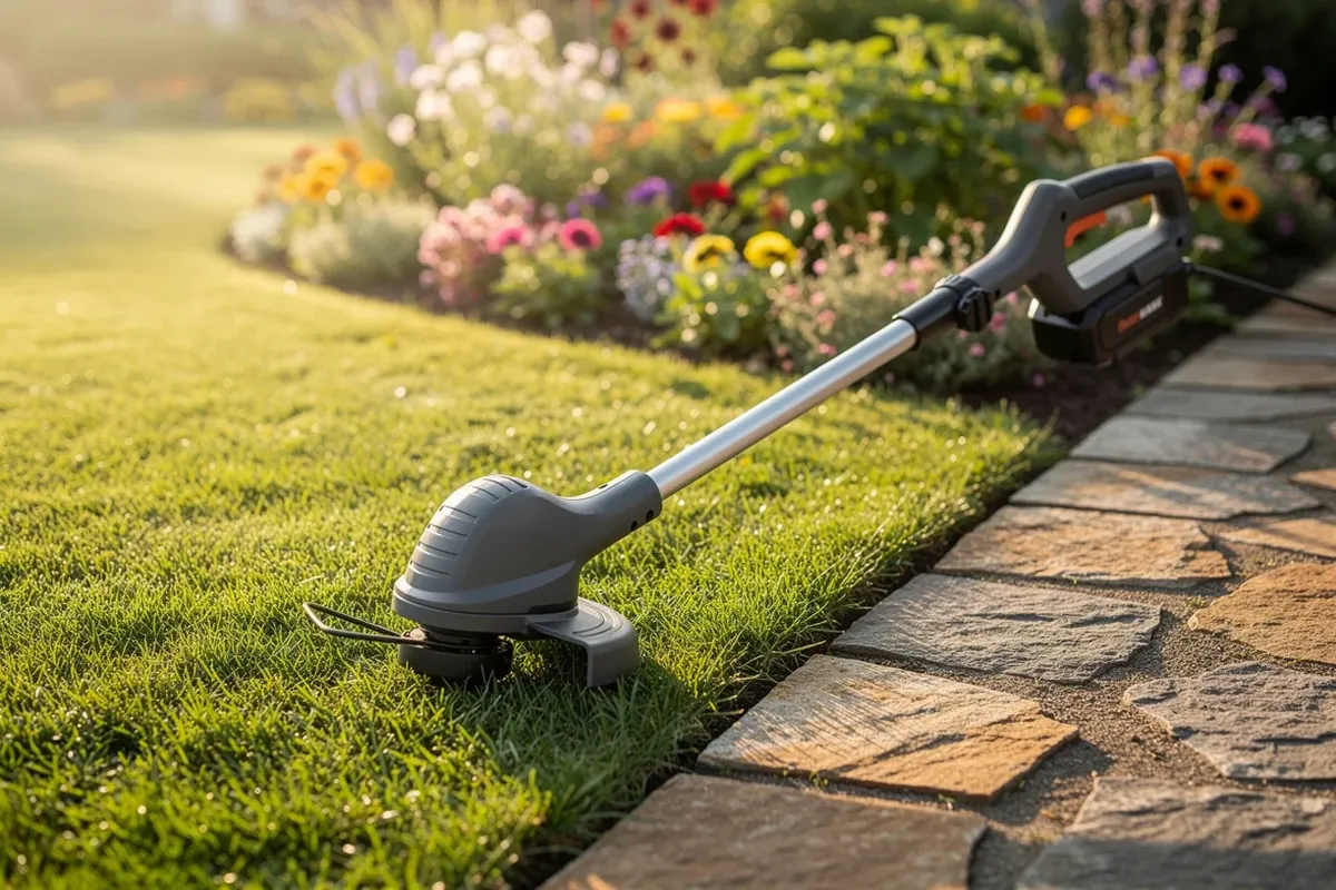 Akku-Rasentrimmer am Rand eines gepflegten Rasens neben einem Gartenweg aus Naturstein