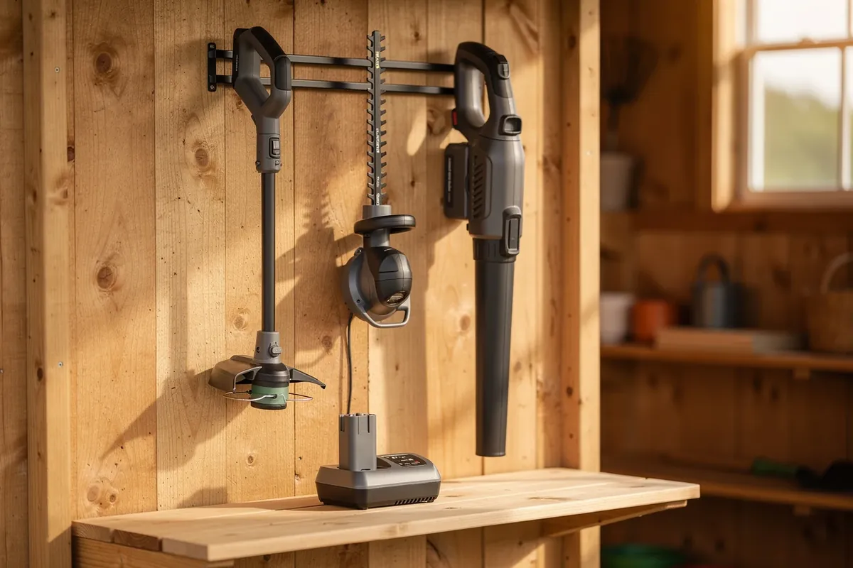 Rasentrimmer, Heckenschere und Laubbläser mit gleichem Akku-Typ hängen an einer Wand im Gartenhaus