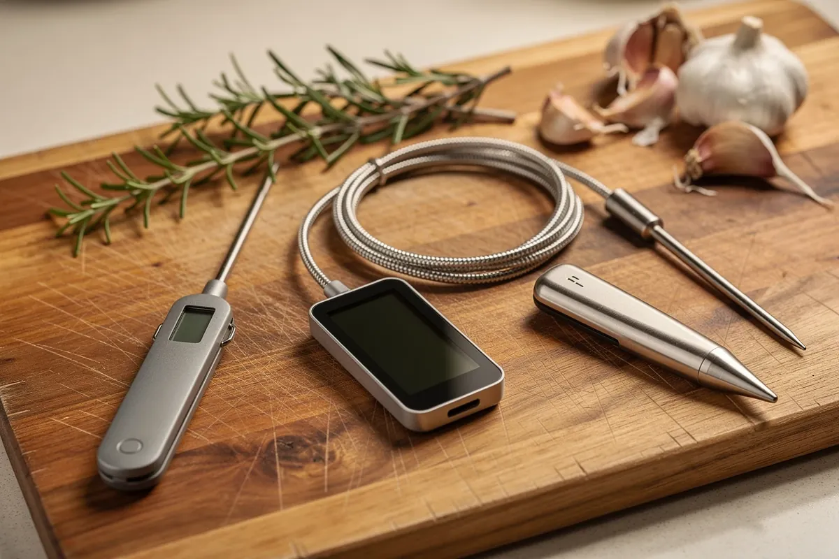 Einstichthermometer, Thermometer mit Kabelfühler und kabelloser Fühler auf einem Schneidebrett