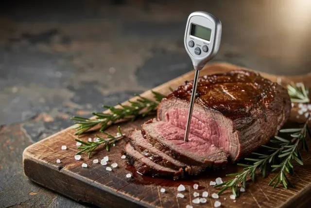 Digitales Fleischthermometer steckt in einem aufgeschnittenen, rosa gegarten Roastbeef