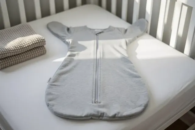 Grauer Pucksack mit Reißverschluss und Armflügeln liegt auf einer Babymatratze