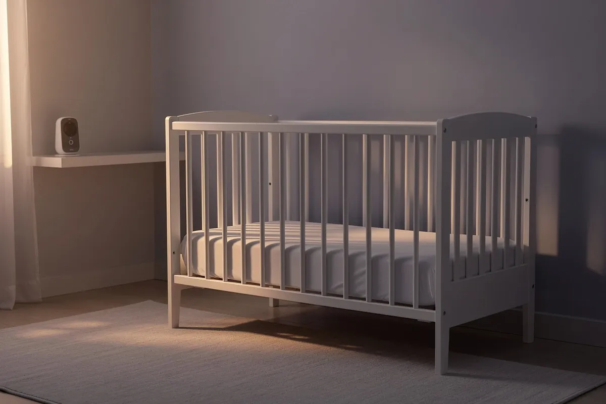 Leeres Babybett mit fester Matratze und Spannbettlaken ohne Kissen, Decken oder Kuscheltiere