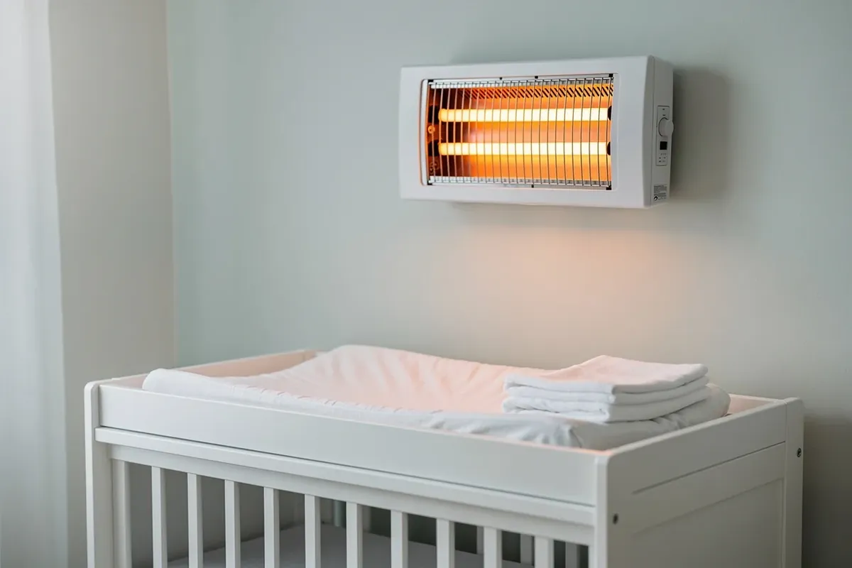 Wand-Heizstrahler mit glühenden Heizstäben hoch über einem Wickeltisch im Kinderzimmer