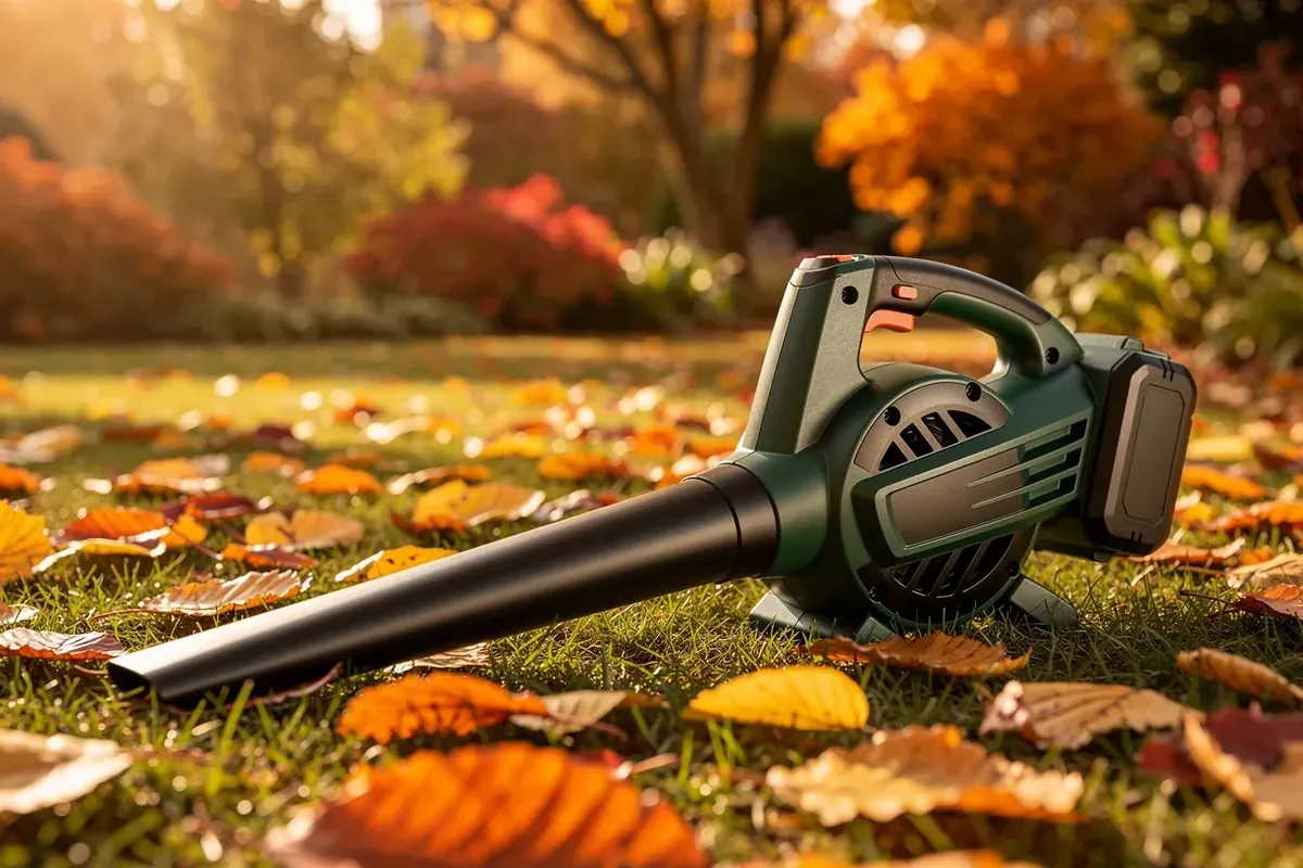 Akku-Laubbläser mit langem Blasrohr liegt auf Rasen mit buntem Herbstlaub
